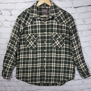 Moose Creek Flannel Shacket Work Shirt Mens L Green Pearl Snap Plaid 100% Cotton